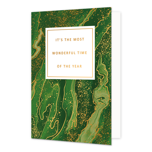 It's the most wonderful time of the year - Formaat: Normaal - Vorm: Staand - Kerstkaart - Op deze artistieke kerstkaart staat een ontwerp in de kleuren groen en goud, met in het midden de tekst: "It's the most wonderful time of the year". - Snelwenskaart