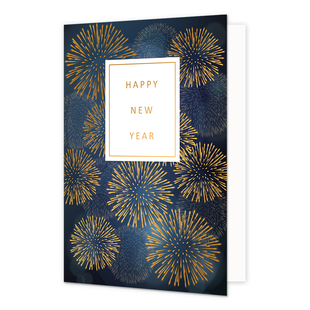 Happy new year - Formaat: Normaal - Vorm: Staand - Kerstkaart - Op deze kerstkaart staat gouden vuurwerk met in het midden de tekst: "Happy new year". - Snelwenskaart