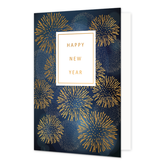 Happy new year - Formaat: Normaal - Vorm: Staand - Kerstkaart - Op deze kerstkaart staat gouden vuurwerk met in het midden de tekst: "Happy new year". - Snelwenskaart