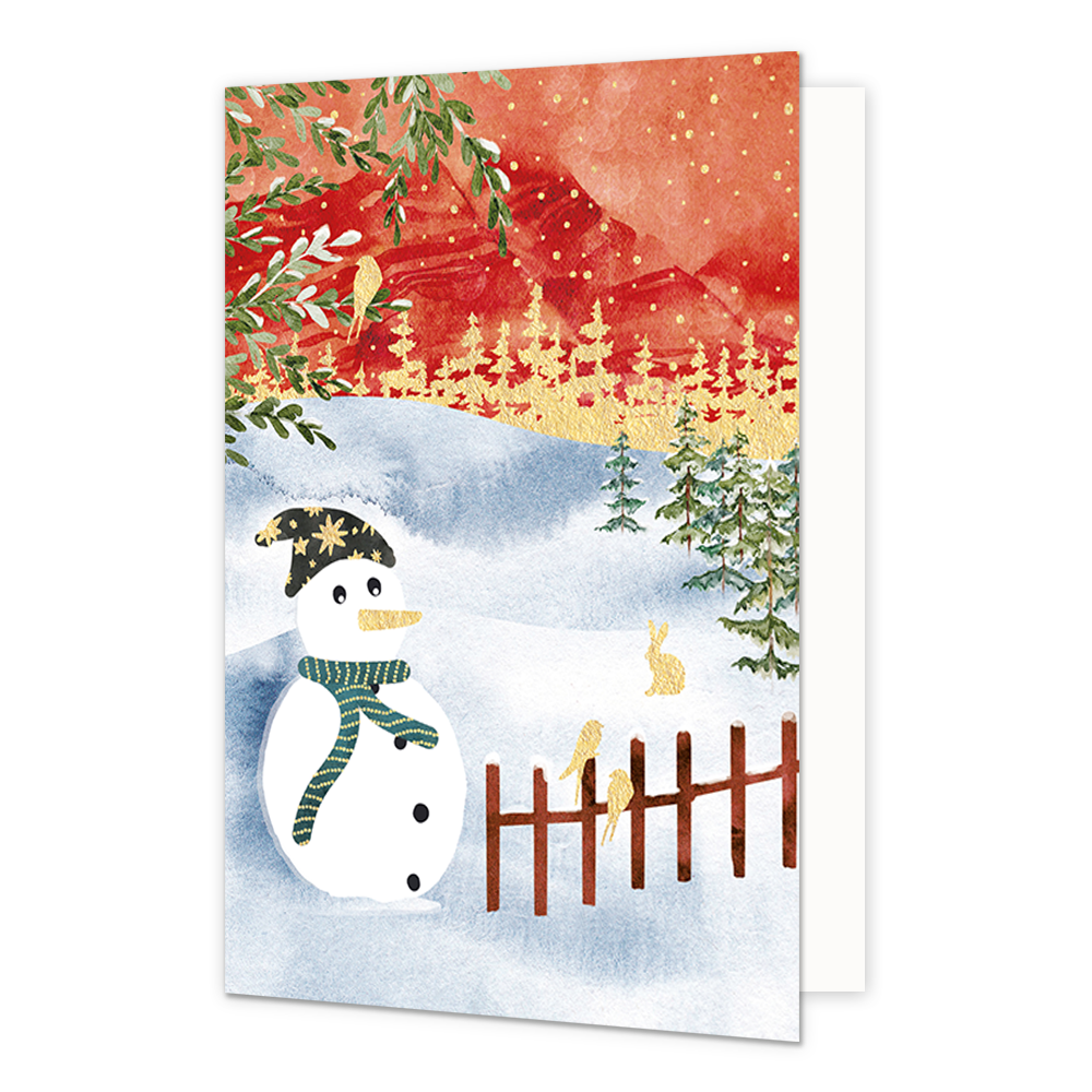 Sneeuwpop - Formaat: Normaal - Vorm: Staand - Kerstkaart - Op deze kerstkaart staat een sneeuwlandschap met een sneeuwpop. - Snelwenskaart