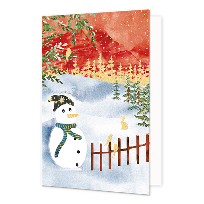 Sneeuwpop - Formaat: Normaal - Vorm: Staand - Kerstkaart - Op deze kerstkaart staat een sneeuwlandschap met een sneeuwpop. - Snelwenskaart