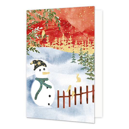 Sneeuwpop - Formaat: Normaal - Vorm: Staand - Kerstkaart - Op deze kerstkaart staat een sneeuwlandschap met een sneeuwpop. - Snelwenskaart
