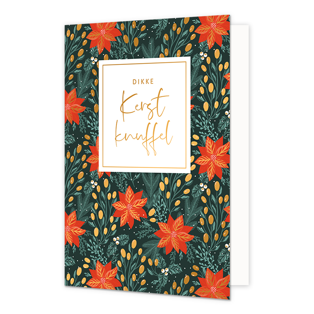 Dikke kerstknuffel - Formaat: Normaal - Vorm: Staand - Kerstkaart - Op deze kerstkaart staan oranje bloemen met gouden knopjes en groene blaadjes. In het midden staat de tekst: "Dikke kerst knuffel". - Snelwenskaart