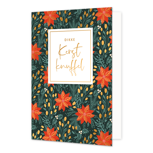 Dikke kerstknuffel - Formaat: Normaal - Vorm: Staand - Kerstkaart - Op deze kerstkaart staan oranje bloemen met gouden knopjes en groene blaadjes. In het midden staat de tekst: "Dikke kerst knuffel". - Snelwenskaart