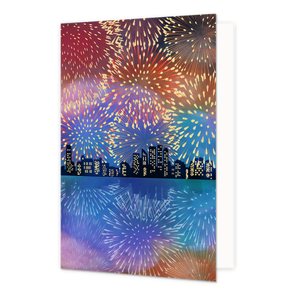 Skyline - Formaat: Normaal - Vorm: Staand - Kerstkaart - Op deze kerstkaart staat de skyline van een stad omringt door vuurwerk. - Snelwenskaart