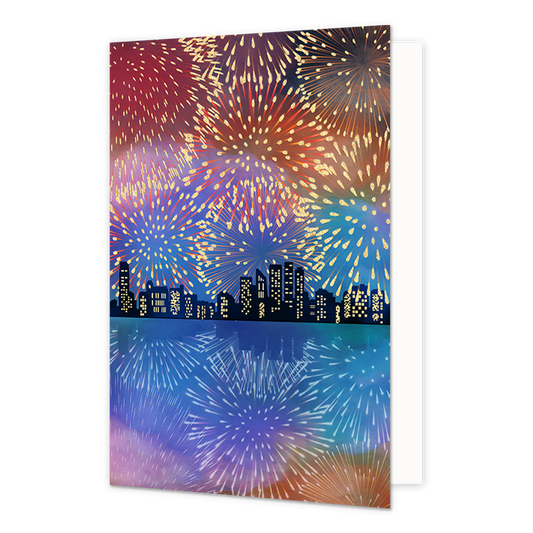 Skyline - Formaat: Normaal - Vorm: Staand - Kerstkaart - Op deze kerstkaart staat de skyline van een stad omringt door vuurwerk. - Snelwenskaart
