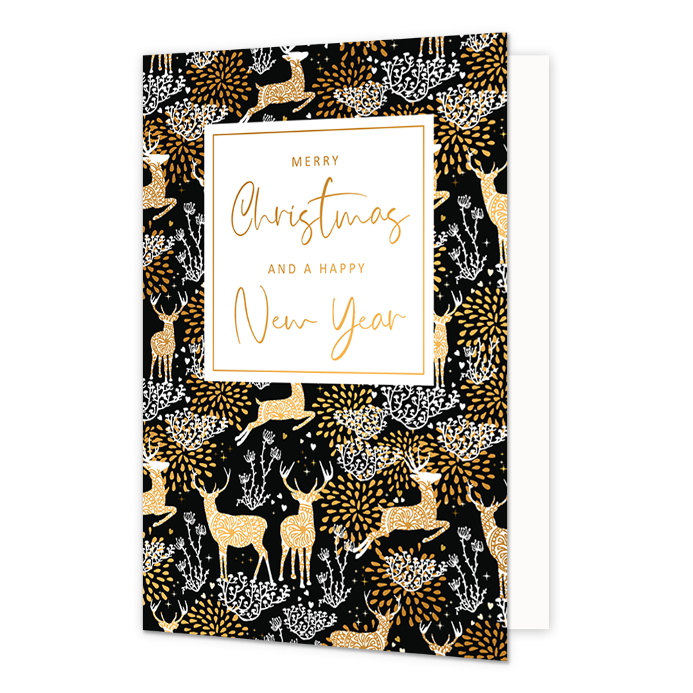 Merry christmas and a happy new year - Formaat: Normaal - Vorm: Staand - Kerstkaart - Op deze kerstkaart staan rendieren en takken met in het midden de tekst: "Merry christmas and a happy new year". - Snelwenskaart