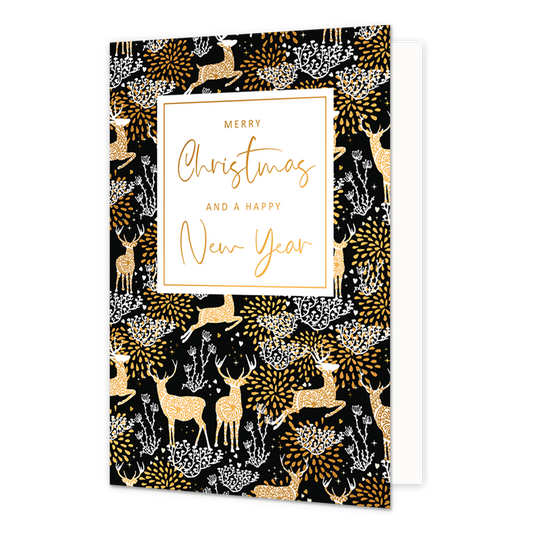 Merry christmas and a happy new year - Formaat: Normaal - Vorm: Staand - Kerstkaart - Op deze kerstkaart staan rendieren en takken met in het midden de tekst: "Merry christmas and a happy new year". - Snelwenskaart