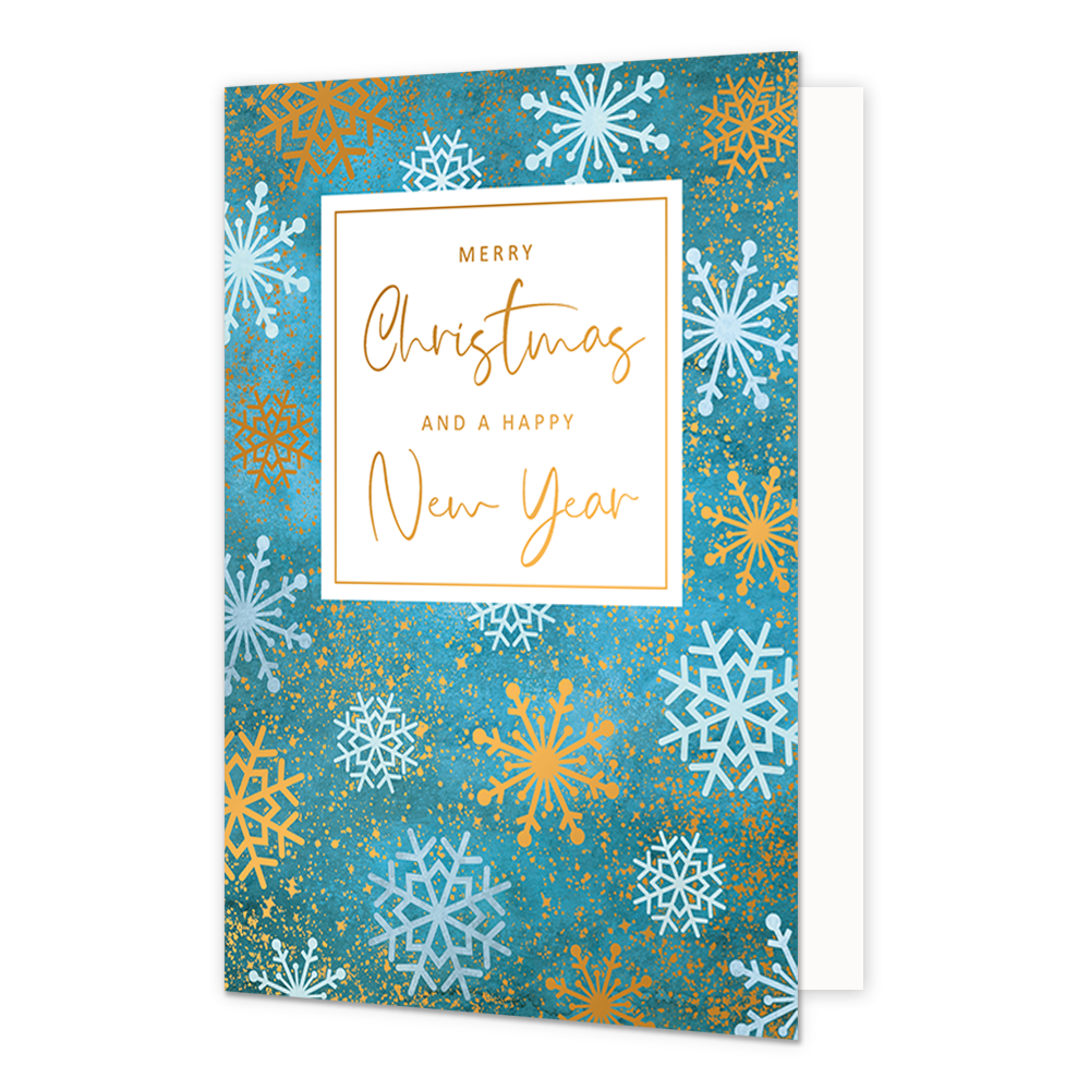 Merry christmas and a happy new year - Formaat: Normaal - Vorm: Staand - Kerstkaart - Op deze kerstkaart staan sneeuwvlokjes in de kleuren wit en goud met in het midden de tekst: "Merry christmas and a happy new year". - Snelwenskaart