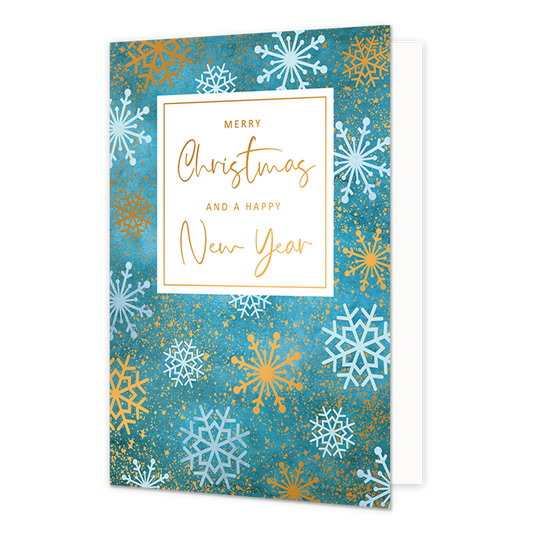 Merry christmas and a happy new year - Formaat: Normaal - Vorm: Staand - Kerstkaart - Op deze kerstkaart staan sneeuwvlokjes in de kleuren wit en goud met in het midden de tekst: "Merry christmas and a happy new year". - Snelwenskaart
