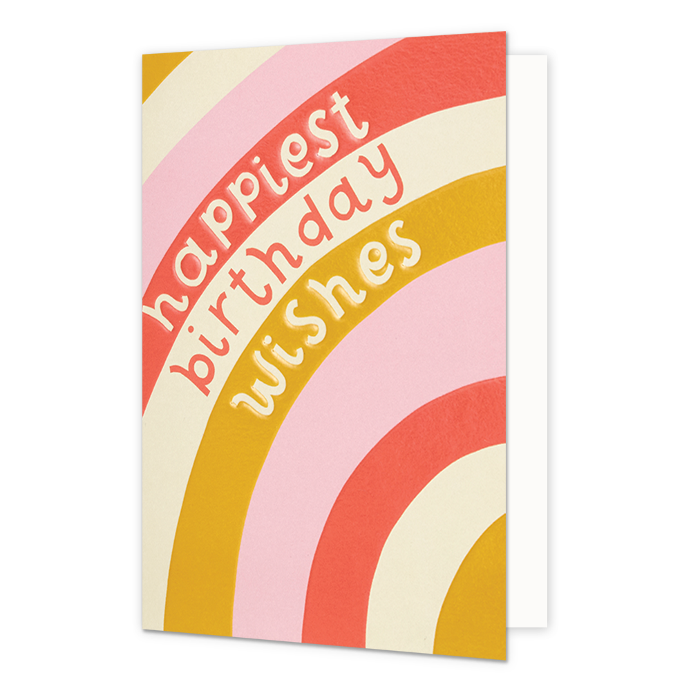 Happiest birthday wishes - Formaat: Normaal - Vorm: Staand - Verjaardagskaart - Op deze wenskaart staan lijnen in de kleuren roze, wit, groen en oranje met de tekst: "Happiest birthday wishes". - Snelwenskaart
