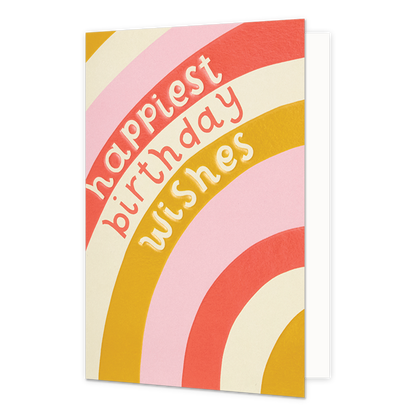 Happiest birthday wishes - Formaat: Normaal - Vorm: Staand - Verjaardagskaart - Op deze wenskaart staan lijnen in de kleuren roze, wit, groen en oranje met de tekst: "Happiest birthday wishes". - Snelwenskaart