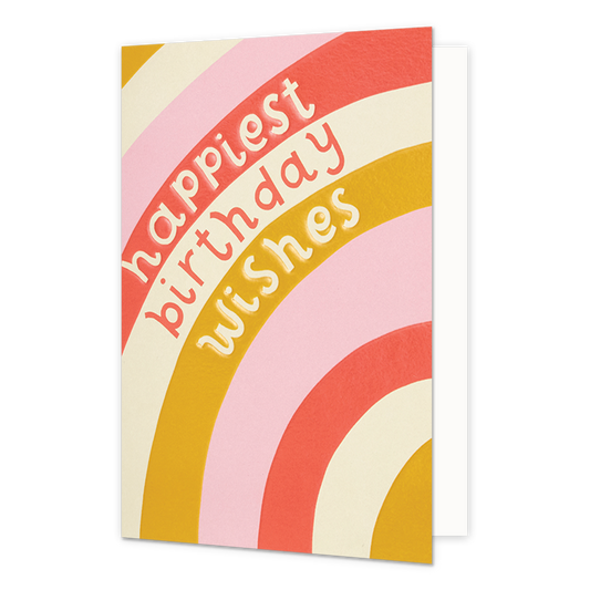 Happiest birthday wishes - Formaat: Normaal - Vorm: Staand - Verjaardagskaart - Op deze wenskaart staan lijnen in de kleuren roze, wit, groen en oranje met de tekst: "Happiest birthday wishes". - Snelwenskaart