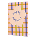 Happy birthday - Formaat: Normaal - Vorm: Staand - Verjaardagskaart - Op deze wenskaart staat in het midden een grote, lichtroze bloemvorm. Binnenin de bloem staat de tekst "happy birthday" in paarse, speelse letters die de ronde vorm van de bloem volgen. De achtergrond van de kaart bestaat uit een kleurrijk ruitpatroon met verticale en horizontale banen in de kleuren roze, geel, groen en paars. - Snelwenskaart