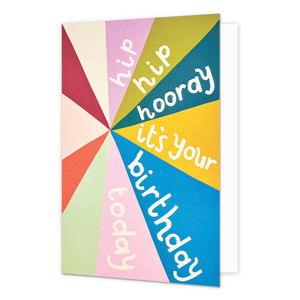 Hip hip hooray it's your birthday today - Formaat: Normaal - Vorm: Staand - Verjaardagskaart - Op deze wenskaart staan lijnen in de kleuren rood, beige, oranje, groen, roze, blauw en geel met de tekst: "Hip hip hooray it's your birthday today". - Snelwenskaart