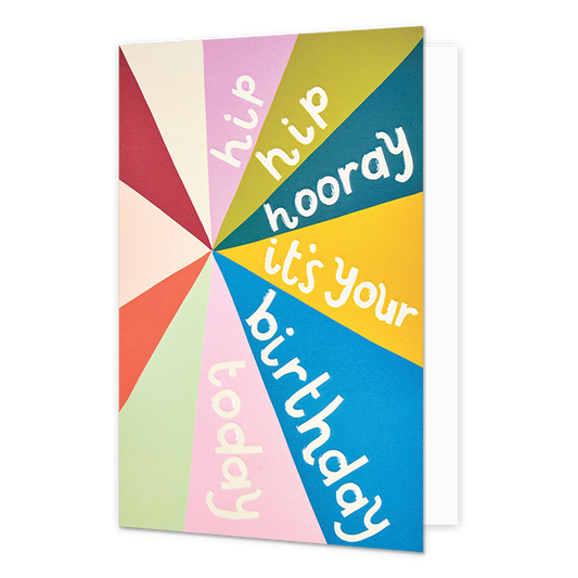 Hip hip hooray it's your birthday today - Formaat: Normaal - Vorm: Staand - Verjaardagskaart - Op deze wenskaart staan lijnen in de kleuren rood, beige, oranje, groen, roze, blauw en geel met de tekst: "Hip hip hooray it's your birthday today". - Snelwenskaart