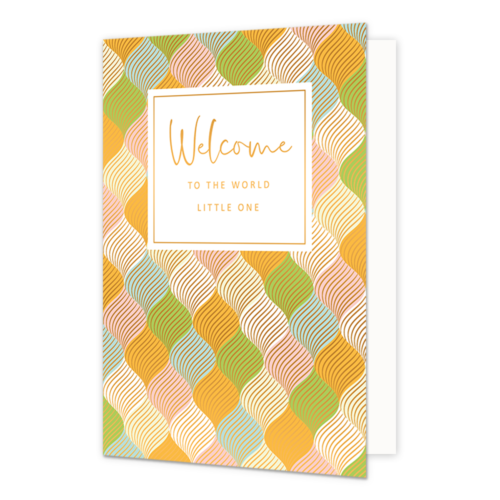 Welcome to the world little one - Formaat: Standaard - Vorm: Staand - Geboortekaart - Op deze artistieke wenskaart is een ontwerp te zien met de kleuren oranje, wit, geel, groen, blauw, roze en goud. In het midden zit een wit vak met de gouden tekst "Welcome to the world little one". - Snelwenskaart