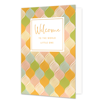 Welcome to the world little one - Formaat: Standaard - Vorm: Staand - Geboortekaart - Op deze artistieke wenskaart is een ontwerp te zien met de kleuren oranje, wit, geel, groen, blauw, roze en goud. In het midden zit een wit vak met de gouden tekst "Welcome to the world little one". - Snelwenskaart