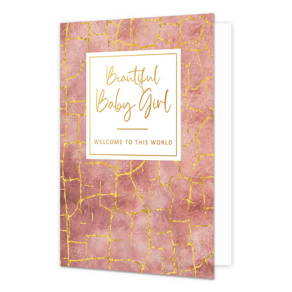 Beautiful baby girl welcome to this world - Formaat: Standaard - Vorm: Staand - Geboortekaart - Op deze wenskaart is een artistiek ontwerp te zien met een roze achtergrond en gouden lijnen. In het midden zit een wit blok met de tekst "Beautyful baby girl. Welcome to this world". - Snelwenskaart
