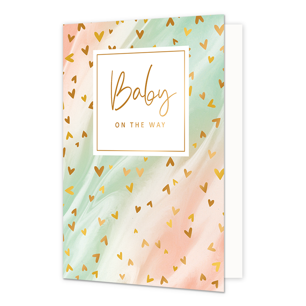 Baby on the way - Formaat: Normaal - Vorm: Staand - Zwanger kaart - Op deze artistieke wenskaart is een ontwerp te zien met de kleuren roze, beige en groen, waar kleine gouden hartjes op zitten. In het midden zit een wit blok met de gouden tekst "Baby on the way". - Snelwenskaart