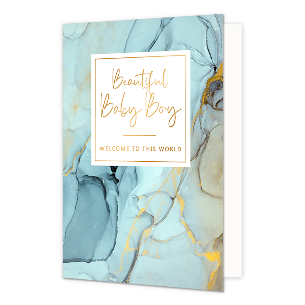 Beautiful baby boy welcome to this world - Formaat: Standaard - Vorm: Staand - Geboortekaart - Op deze artistieke wenskaart is een ontwerp te zien met de kleuren blauw, lichtblauw, grijs en goud. In het midden zit een wit blok met de gouden tekst "Beautiful baby boy, Welcome tot this world". - Snelwenskaart