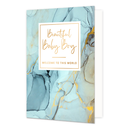 Beautiful baby boy welcome to this world - Formaat: Standaard - Vorm: Staand - Geboortekaart - Op deze artistieke wenskaart is een ontwerp te zien met de kleuren blauw, lichtblauw, grijs en goud. In het midden zit een wit blok met de gouden tekst "Beautiful baby boy, Welcome tot this world". - Snelwenskaart