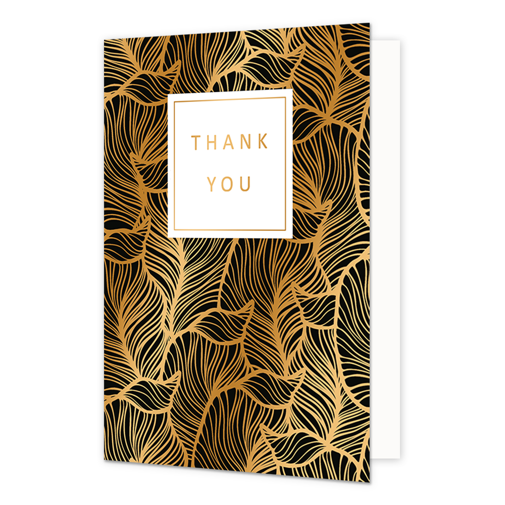Thank you - Formaat: Normaal - Vorm: Staand - Bedankkaart - Op deze artistieke wenskaart zijn zwarte bladeren met gouden randen te zien. In het midden zit een wit blok met de gouden tekst: "Thank you". - Snelwenskaart