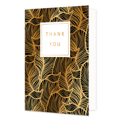 Thank you - Formaat: Normaal - Vorm: Staand - Bedankkaart - Op deze artistieke wenskaart zijn zwarte bladeren met gouden randen te zien. In het midden zit een wit blok met de gouden tekst: "Thank you". - Snelwenskaart