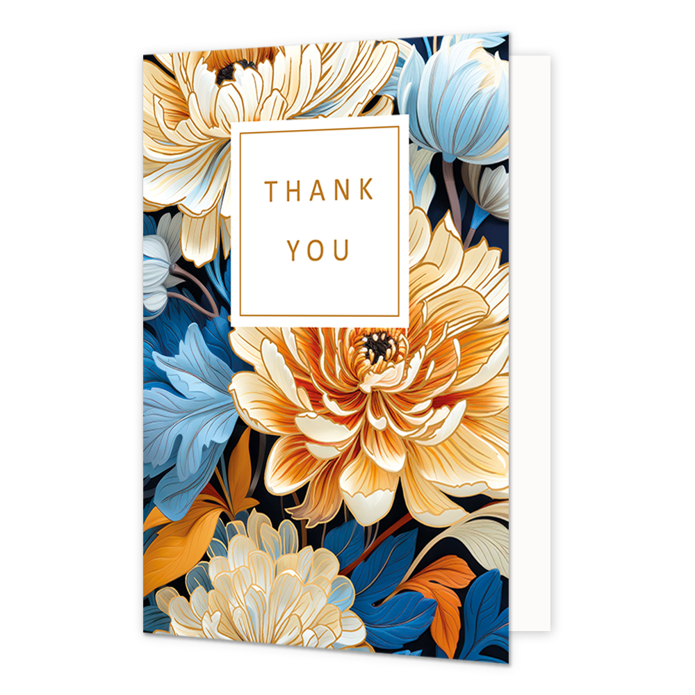 Thank you - Formaat: Normaal - Vorm: Staand - Bedankkaart - Op deze wenskaart zijn geel/oranje bloemen te zien met blauwe en oranje bladeren. In het midden zit een wit blok met de gouden tekst: "Thank you". - Snelwenskaart