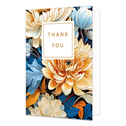 Thank you - Formaat: Normaal - Vorm: Staand - Bedankkaart - Op deze wenskaart zijn geel/oranje bloemen te zien met blauwe en oranje bladeren. In het midden zit een wit blok met de gouden tekst: "Thank you". - Snelwenskaart