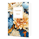 Thank you - Formaat: Normaal - Vorm: Staand - Bedankkaart - Op deze wenskaart zijn geel/oranje bloemen te zien met blauwe en oranje bladeren. In het midden zit een wit blok met de gouden tekst: "Thank you". - Snelwenskaart