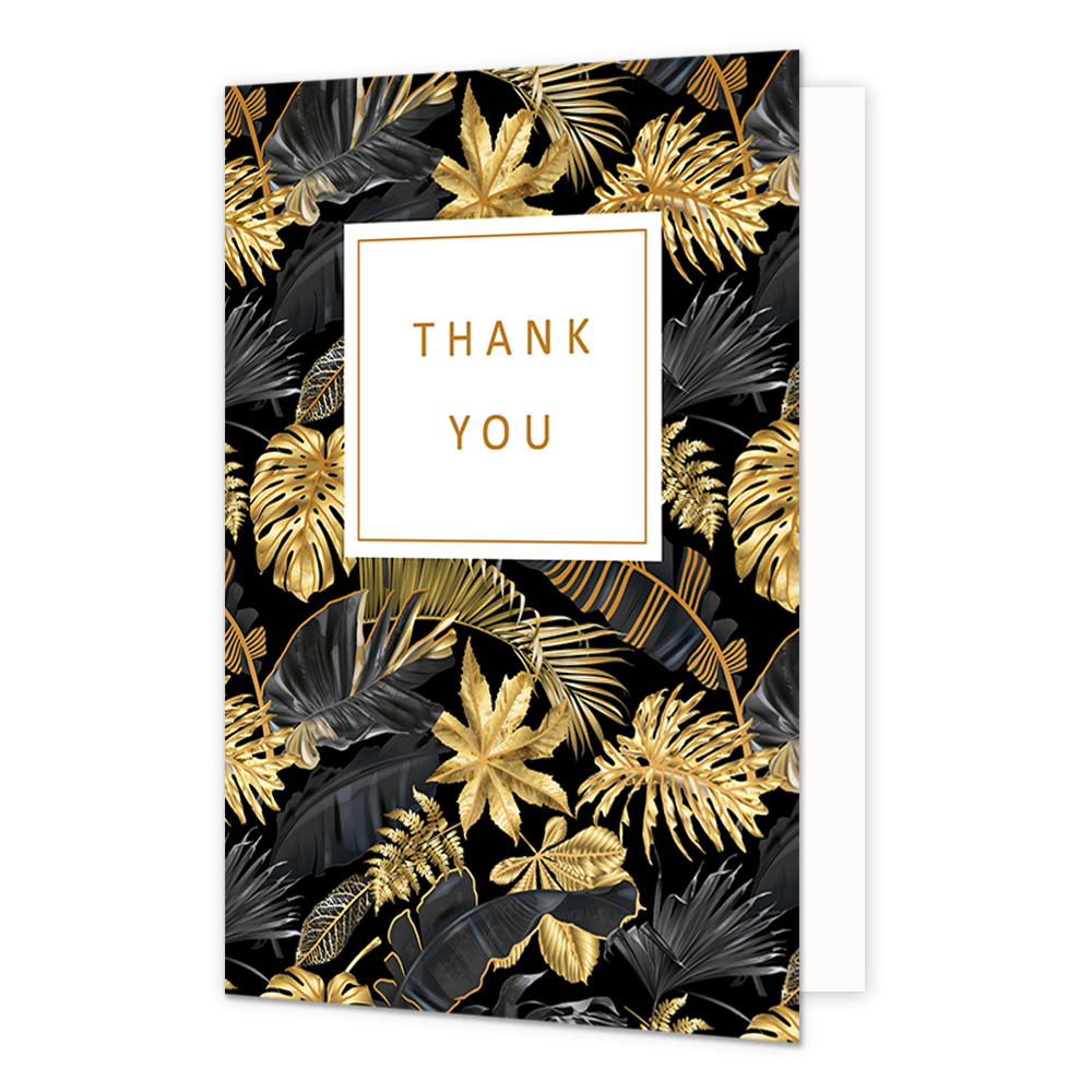 Thank you - Formaat: Normaal - Vorm: Staand - Bedankkaart - Op deze artistieke wenskaart zijn gouden en zwarte bladeren te zien. In het midden zit een wit blok met de gouden tekst: "Thank you". - Snelwenskaart