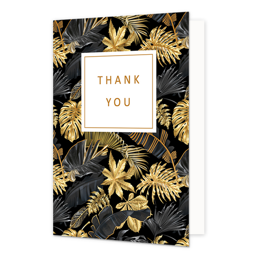 Thank you - Formaat: Normaal - Vorm: Staand - Bedankkaart - Op deze artistieke wenskaart zijn gouden en zwarte bladeren te zien. In het midden zit een wit blok met de gouden tekst: "Thank you". - Snelwenskaart