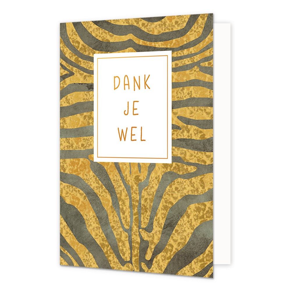 Dank je wel - Formaat: Normaal - Vorm: Staand - Bedankkaart - Op deze wenskaart zijn goud en zwarte strepen te zien. In het midden zit een wit blok met de gouden tekst: "Dank je wel". - Snelwenskaart
