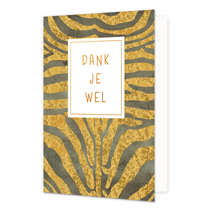 Dank je wel - Formaat: Normaal - Vorm: Staand - Bedankkaart - Op deze wenskaart zijn goud en zwarte strepen te zien. In het midden zit een wit blok met de gouden tekst: "Dank je wel". - Snelwenskaart