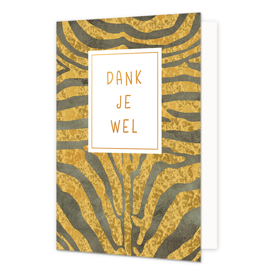 Dank je wel - Formaat: Normaal - Vorm: Staand - Bedankkaart - Op deze wenskaart zijn goud en zwarte strepen te zien. In het midden zit een wit blok met de gouden tekst: "Dank je wel". - Snelwenskaart