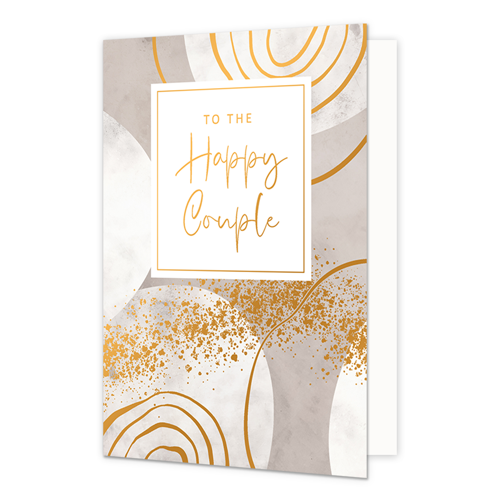 To the happy couple - Formaat: Normaal - Vorm: Staand - Huwelijkskaart - Op deze artistieke wenskaart is een ontwerp te zien met gouden en witte cirkels op een grijze achtergrond. In het midden zit een wit blok met de gouden tekst: "To the happy couple". - Snelwenskaart