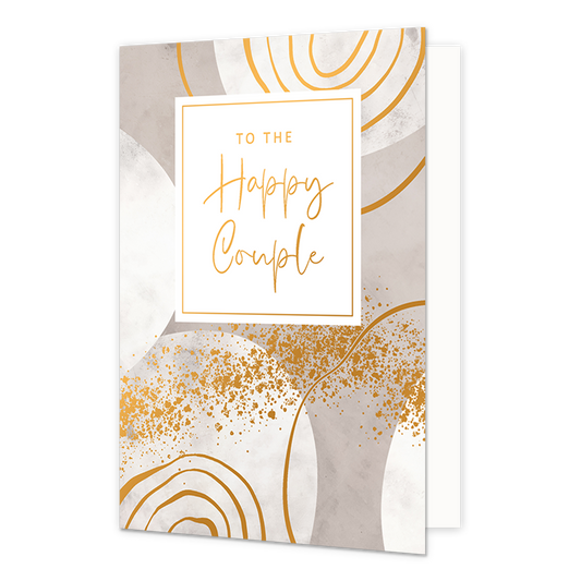 To the happy couple - Formaat: Normaal - Vorm: Staand - Huwelijkskaart - Op deze artistieke wenskaart is een ontwerp te zien met gouden en witte cirkels op een grijze achtergrond. In het midden zit een wit blok met de gouden tekst: "To the happy couple". - Snelwenskaart
