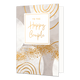 To the happy couple - Formaat: Normaal - Vorm: Staand - Huwelijkskaart - Op deze artistieke wenskaart is een ontwerp te zien met gouden en witte cirkels op een grijze achtergrond. In het midden zit een wit blok met de gouden tekst: "To the happy couple". - Snelwenskaart