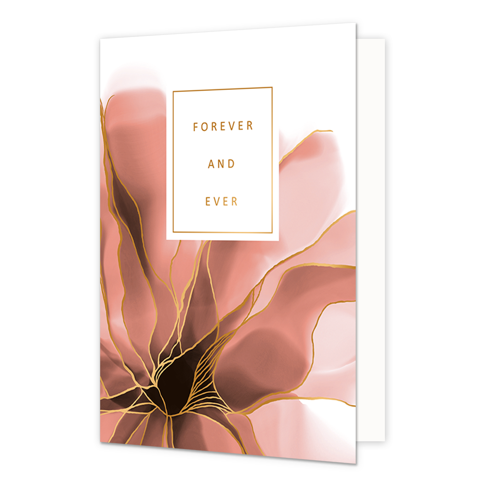 Forever and ever - Formaat: Normaal - Vorm: Staand - Huwelijkskaart - Op deze artistieke wenskaart is een roze bloem te zien met gouden randen en een witte achtergrond. - Snelwenskaart