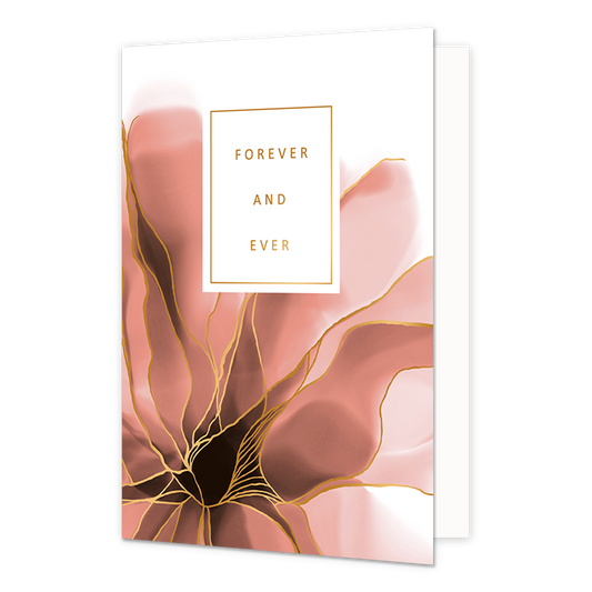Forever and ever - Formaat: Normaal - Vorm: Staand - Huwelijkskaart - Op deze artistieke wenskaart is een roze bloem te zien met gouden randen en een witte achtergrond. - Snelwenskaart