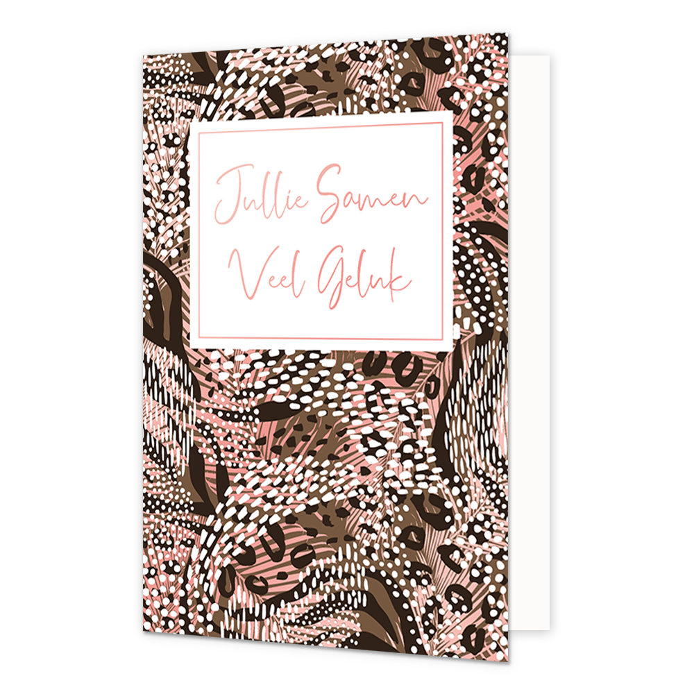 Jullie samen veel geluk - Formaat: Normaal - Vorm: Staand - Huwelijkskaart - Op deze artistieke wenskaart is een ontwerp te zien met de kleuren wit, zwart, bruin en roze. In het midden zit een wit blok met de tekst: "Jullie samen veel geluk". - Snelwenskaart