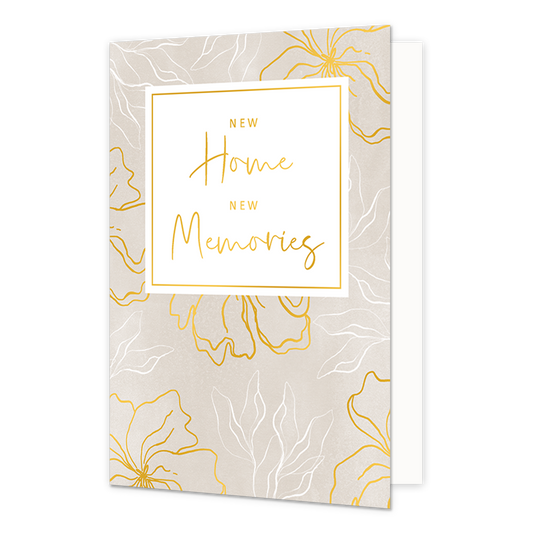 New home new memories - Formaat: Normaal - Vorm: Staand - Woningkaart - Op deze wenskaart zijn bloemen te zien met gouden of witte randen, op een lichtroze achtergrond. In het midden zit een wit blok met de gouden tekst: "New home new memories". - Snelwenskaart