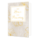 New home new memories - Formaat: Standaard - Vorm: Staand - Woningkaart - Op deze wenskaart zijn bloemen te zien met gouden of witte randen, op een lichtroze achtergrond. In het midden zit een wit blok met de gouden tekst: "New home new memories". - Snelwenskaart