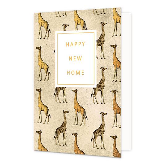 Happy new home - Formaat: Normaal - Vorm: Staand - Woningkaart - Op deze wenskaart zijn giraffen te zien op een beige achtergrond. In het midden zit een wit blok met de gouden tekst: "Happy new home". - Snelwenskaart