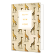 Happy new home - Formaat: Standaard - Vorm: Staand - Woningkaart - Op deze wenskaart zijn giraffen te zien op een beige achtergrond. In het midden zit een wit blok met de gouden tekst: "Happy new home". - Snelwenskaart