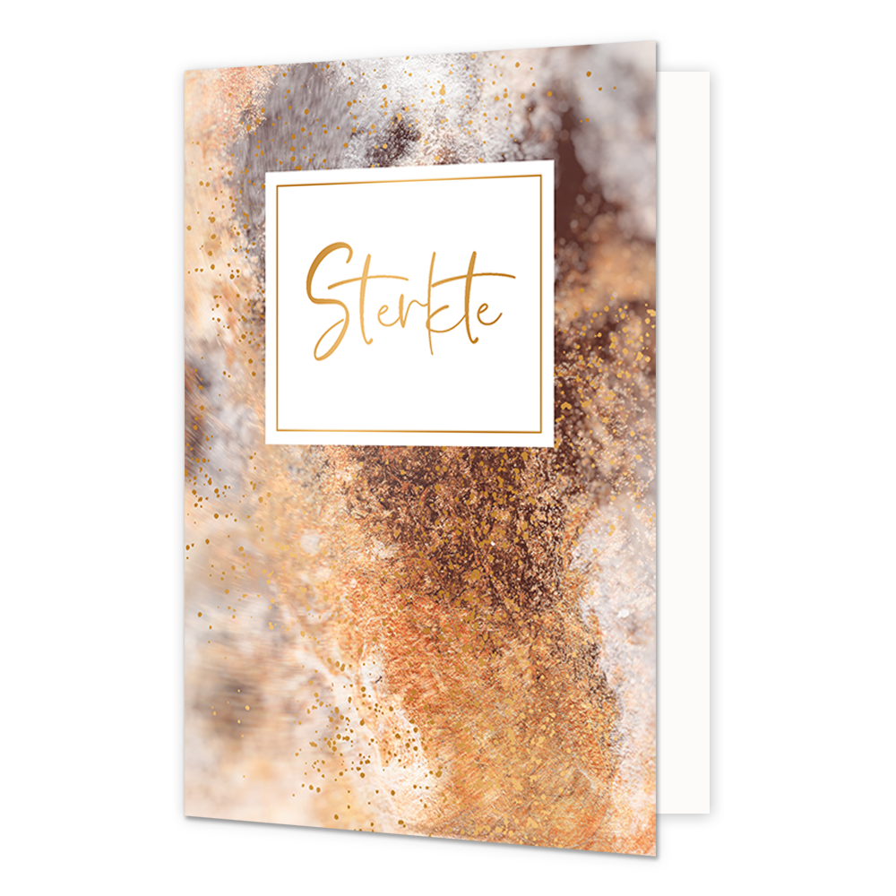 Sterkte - Formaat: Normaal - Vorm: Staand - Sterkte kaart - Op deze artistieke wenskaart is een ontwerp te zien met de kleuren goud, wit, beige en grijs. In het midden zit een wit blok met de tekst: "Sterkte". - Snelwenskaart