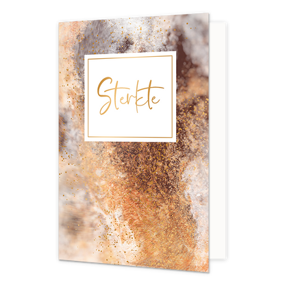 Sterkte - Formaat: Normaal - Vorm: Staand - Sterkte kaart - Op deze artistieke wenskaart is een ontwerp te zien met de kleuren goud, wit, beige en grijs. In het midden zit een wit blok met de tekst: "Sterkte". - Snelwenskaart