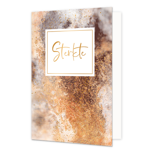 Sterkte - Formaat: Normaal - Vorm: Staand - Sterkte kaart - Op deze artistieke wenskaart is een ontwerp te zien met de kleuren goud, wit, beige en grijs. In het midden zit een wit blok met de tekst: "Sterkte". - Snelwenskaart