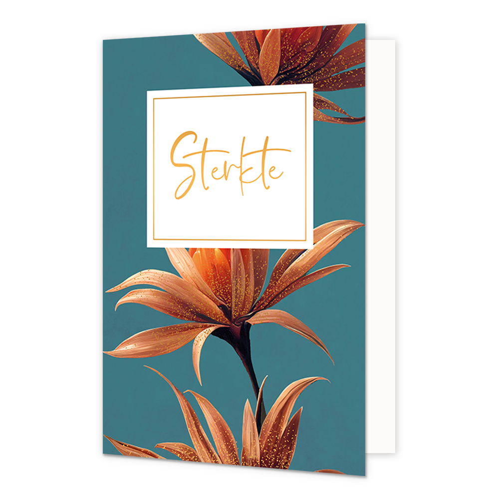 Sterkte - Formaat: Normaal - Vorm: Staand - Sterkte kaart - Op deze wenskaart is een oranje met goud kleurige bloem te zien op een blauwe achtergrond. In het midden zit een wit blok met de gouden tekst: "Sterkte". - Snelwenskaart